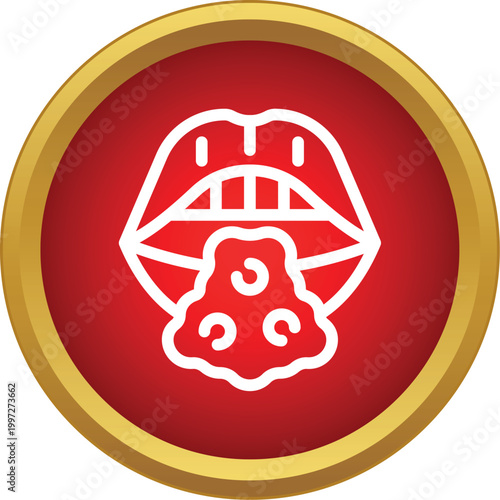 Open mouth with contents representing vomiting or sickness in a red circle