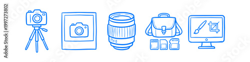 Blue hand-drawn photography icons showing a camera on a tripod, polaroid frame, lens, camera bag, memory cards, and photo editing software. Minimalist doodle art on white.