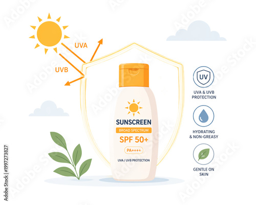 Flat Vector Illustration of Sunscreen Bottle with Shield Glow, UV Protection Concept Minimal Modern Design Isolated on White Background