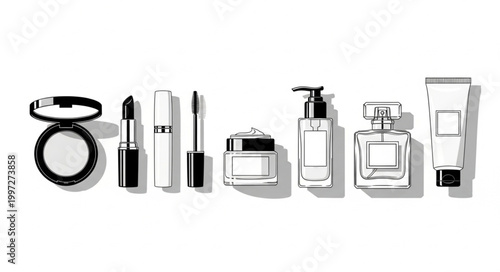 Collection of various makeup and cosmetic products arranged in a line.