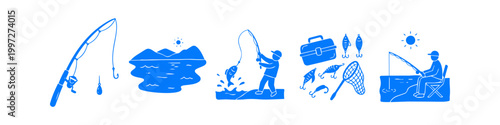 Set of blue hand-drawn fishing icons featuring fishermen, rods, lures, and lake landscapes. Ideal for outdoor recreation, angling hobbies, and summer vacation themes.