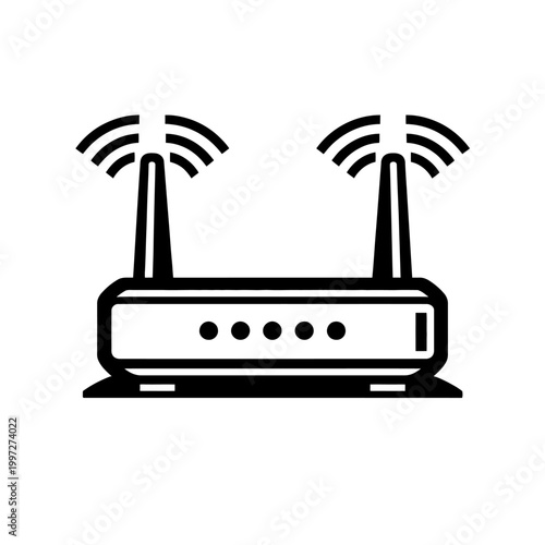 Black and white illustration of a wireless internet router with two antennas on a plain background for tech and connectivity concepts