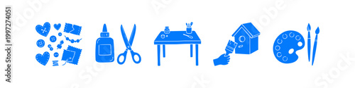 Blue hand-drawn craft and DIY icon set featuring sewing tools, scissors, glue, workbench, birdhouse painting, and artist palette. Creative hobby illustration on white background.