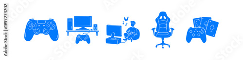 Blue flat gaming illustrations set including gamepads, computer setup, a player in a beanbag, professional gaming chair, and playing cards. Perfect for e-sports and gaming industry designs.