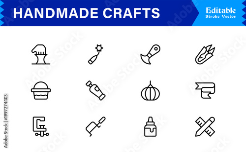 Handmade Crafts and Artisan Goods Professional Line Icon Set – Modern, Minimal, Editable, and Pixel-Perfect Vector Collection