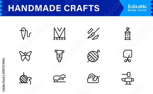 Handmade Crafts and Artisan Goods Professional Line Icon Set – Modern, Minimal, Editable, and Pixel-Perfect Vector Collection