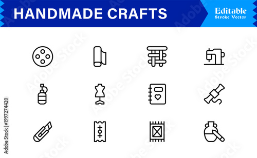 Handmade Crafts and Artisan Goods Professional Line Icon Set – Modern, Minimal, Editable, and Pixel-Perfect Vector Collection