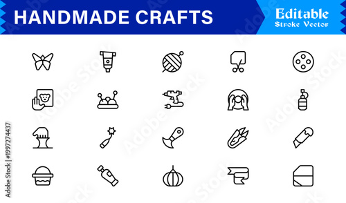 Handmade Crafts and Artisan Goods Professional Line Icon Set – Modern, Minimal, Editable, and Pixel-Perfect Vector Collection