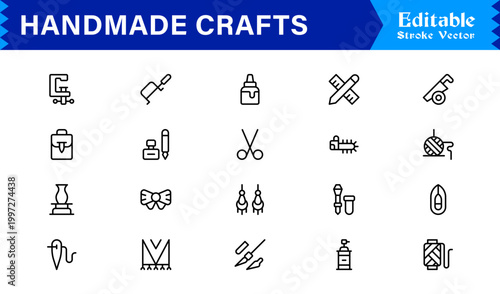Handmade Crafts and Artisan Goods Professional Line Icon Set – Modern, Minimal, Editable, and Pixel-Perfect Vector Collection