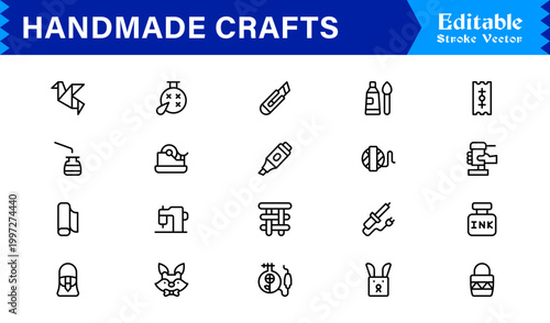 Handmade Crafts and Artisan Goods Professional Line Icon Set – Modern, Minimal, Editable, and Pixel-Perfect Vector Collection