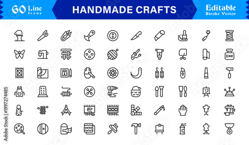 Handmade Crafts and Artisan Goods Professional Line Icon Set – Modern, Minimal, Editable, and Pixel-Perfect Vector Collection