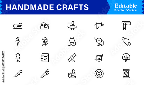 Handmade Crafts and Artisan Goods Professional Line Icon Set – Modern, Minimal, Editable, and Pixel-Perfect Vector Collection