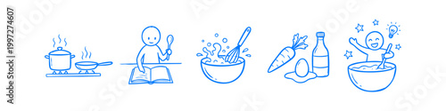 Blue hand-drawn doodle set illustrating a cooking process from reading a recipe to successful preparation. Includes kitchen tools, ingredients, and a happy chef character.