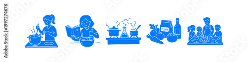 Set of blue hand-drawn illustrations featuring cooking, baking, family food preparation, and culinary science icons. Ideal for lifestyle and kitchen-themed designs.