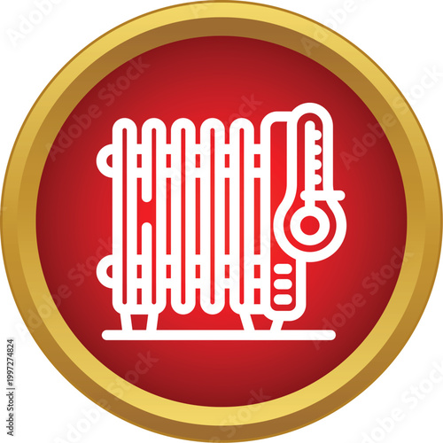 Radiator with a thermometer against a red circular background