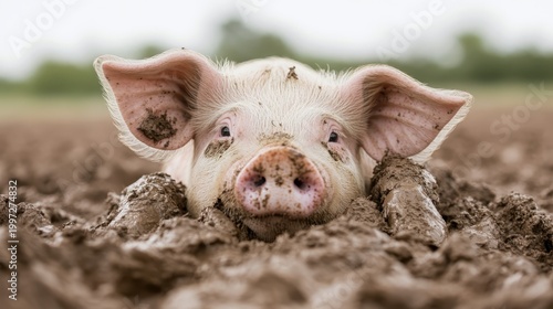 This image features a cute pig with its head down, nestled in a muddy field. The playful expression and natural setting highlight the charm of farm life and animal behavior.