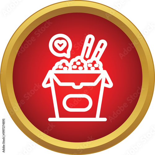 Asian food takeout box with chopsticks and a speech bubble showing a heart icon
