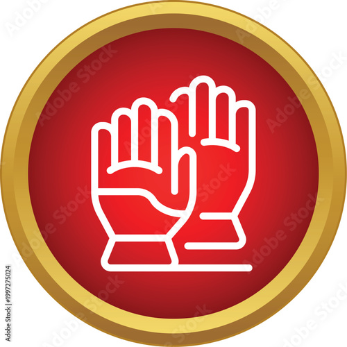 White outline gloves representing protection, safety, and hygiene in a glossy red circle