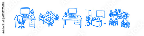 Blue hand-drawn sketches of office workspaces featuring individual desks, computers, and people collaborating in a modern coworking environment. Ideal for business and productivity concepts.