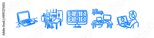 Collection of blue hand-drawn sketches illustrating remote work concepts, video conferencing, home office setups, and telecommuting. Ideal for WFH and digital communication themes.