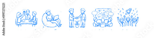 Hand-drawn blue business doodle set featuring scenes of teamwork, remote work, growth, strategic planning, and a successful startup launch on a white background.