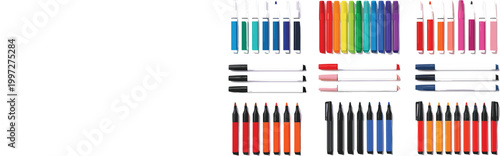 Large set of colorful pens and markers vector illustration, collection of writing tools in different styles for school, office, drawing and creative stationery design