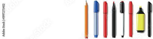 Set of writing tools vector illustration including pencil, pens and highlighter, colorful stationery collection for office, school, drawing and creative workspace design