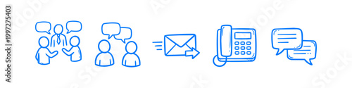 Set of blue hand-drawn doodle icons representing business communication, teamwork, email, telephone, and chat on a white background. Ideal for contact and interaction themes.