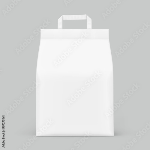 Paper packaging bag with handle mockup. Half side view. Vector illustration isolated on grey background. Ready for use in presentation, promo, advertising and more. EPS10.