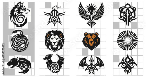 Abstract animal silhouettes on checkered background design