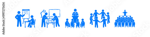 Set of blue hand-drawn silhouette icons depicting various education, corporate training, and teamwork scenes, including lectures, group collaboration, and professional presentations.