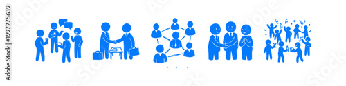 Set of blue hand-drawn icons showing business networking, professional handshakes, team hierarchy, and office celebrations. Ideal for corporate communication and teamwork concepts.