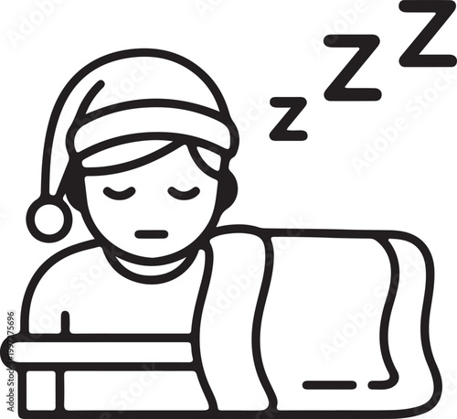 Sleeping child in red santa hat with zzz symbol above head on bed