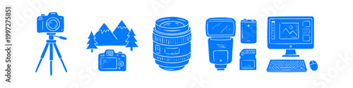 Blue hand-drawn icon set illustrating the photography workflow, including a camera, tripod, lens, flash, and digital editing station. Perfect for creative photography-related designs.