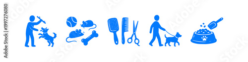 Set of blue pet care icons featuring activities like dog walking, grooming, feeding, and playing. Perfect for veterinary clinics, pet shops, and animal welfare branding.