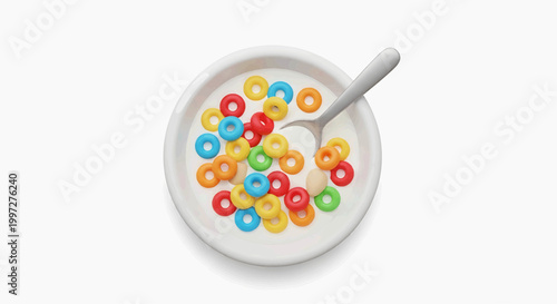 A bowl of colorful cereal with a spoon in a kitchen setting