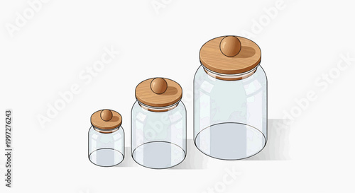 Three glass jars with wooden lids are arranged on a surface indoors.