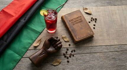 Juneteenth concept featuring a red drink, Pan-African flag, a wooden power fist, and a vintage book titled "A Celebration of Freedom" on a rustic table.
