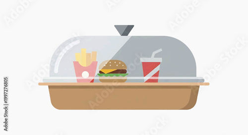 A person serves a meal consisting of a burger, fries, and soda on a cafeteria tray.