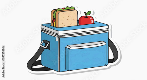 A lunchbox contains sandwich and apple on outdoor table background with bag nearby