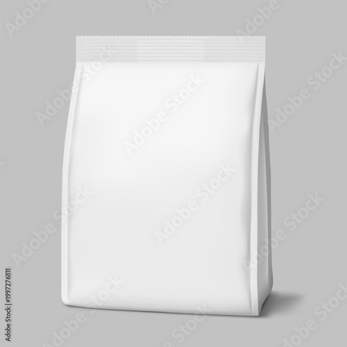 Vertical gusset bag mockup for food, sport nutrition. Half side view. Vector illustration isolated on grey background. Can be use for template your design. EPS10.
