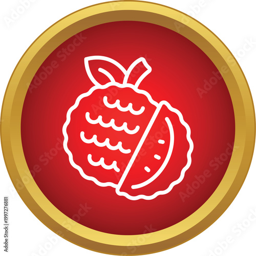 Lychee fruit vector icon depicting a whole fruit and a peeled slice inside a red circle with gold trim
