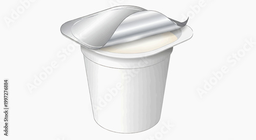 The image shows a white disposable cup with a shiny silver foil lid partially peeled back.