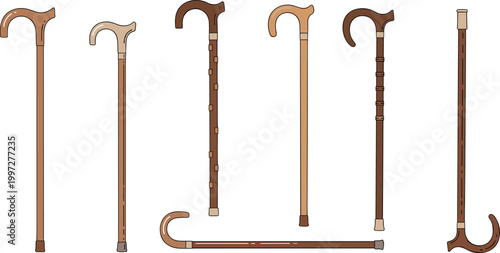 Walking Cane Illustration Set Featuring Different Styles and Wooden Designs for Mobility Assistance and Support