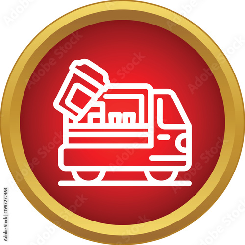 Mobile snack truck carrying a large coffee cup, symbolizing street food delivery