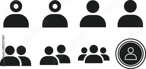 User and Group Icon Set with Profile Silhouettes and Team Symbols Vector Illustration for Social Network, Account Management, Community, and UI Interface Design