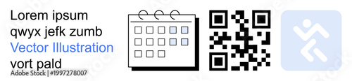 Scheduling, digital tools, data access, communication, organization, tech solutions. Calendar icon, QR code abstract symbol. Scheduling and digital tools for efficient communication and organization