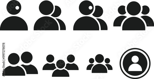 User Group Icon Set with Single and Multiple People Silhouettes Vector Illustration for Teamwork, Social Network, Community, and Profile UI Design
