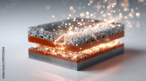Conceptual representation of advanced solid state battery technology with layered anode and cathode materials glowing with electrical energy and chemical ionic activity for future energy storage