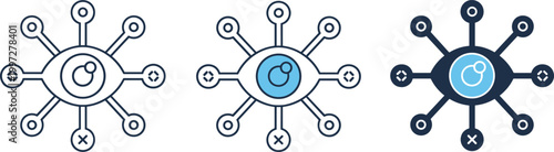 Network Connection Icon Set with Central Node and Linked Circles Flat and Outline Vector Illustration for Technology, Data Sharing, Communication, and Digital Systems